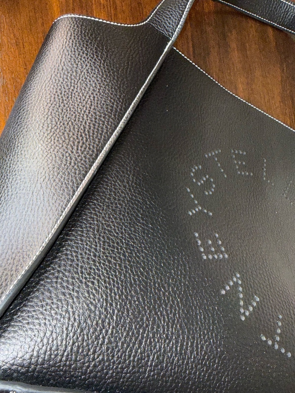 Stella McCartney Black Vegan Leather Perforated Logo Tote with Mustard Interior - Picture 2 of 12